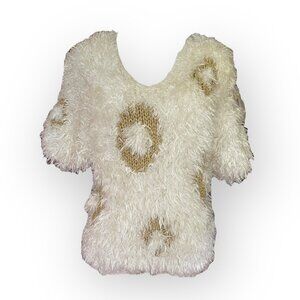 VTG 90s White and Gold Fuzzy Sideffects Short Sleeve Sweater Medium